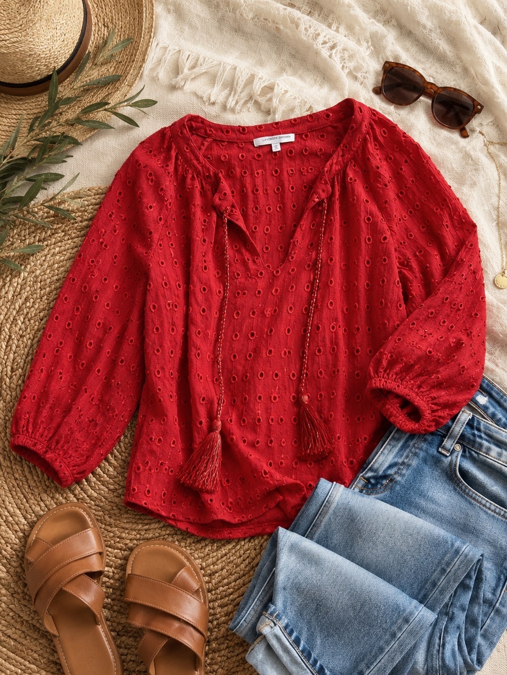 Lavender Brown Red Cedric Eyelet Stitch Fix Tassel 3/4 Sleeve Blouse Top Sz S - Picture 3 of 17